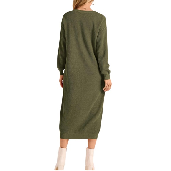 NWOT Long Knit Sweater Dress- Army Green | Button V-Neck + Long Sleeves (M) - Picture 12 of 16